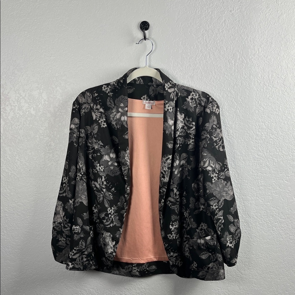 Xhilaration Women’s Black Gray Pink Floral Open Front Blazer Sz L Career Wear